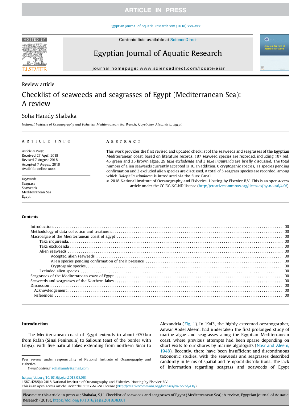 Checklist of seaweeds and seagrasses of Egypt (Mediterranean Sea): A review