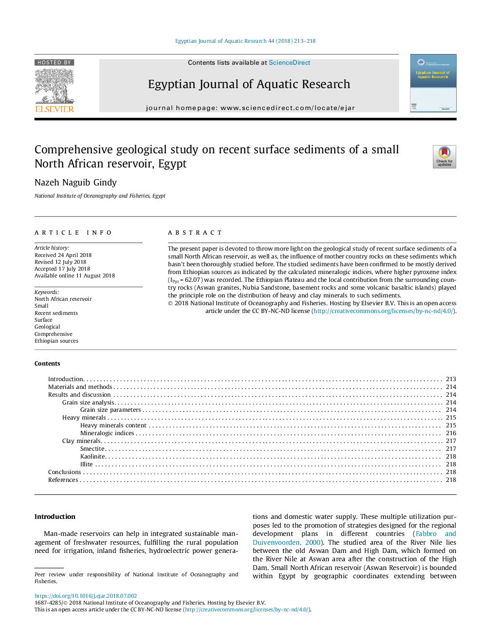 Comprehensive geological study on recent surface sediments of a small North African reservoir, Egypt