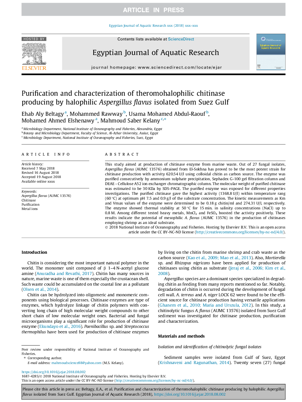 Purification and characterization of theromohalophilic chitinase producing by halophilic Aspergillus flavus isolated from Suez Gulf