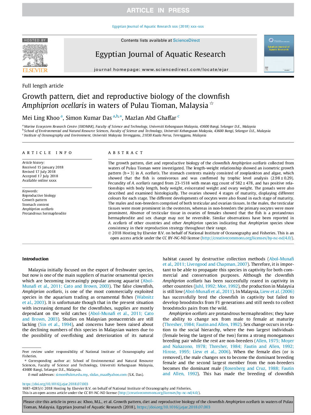 Growth pattern, diet and reproductive biology of the clownfish Amphiprion ocellaris in waters of Pulau Tioman, Malaysia