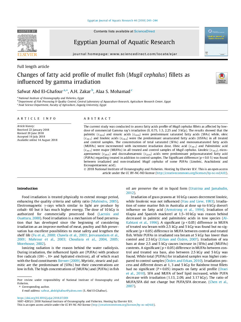 Changes of fatty acid profile of mullet fish (Mugil cephalus) fillets as influenced by gamma irradiation