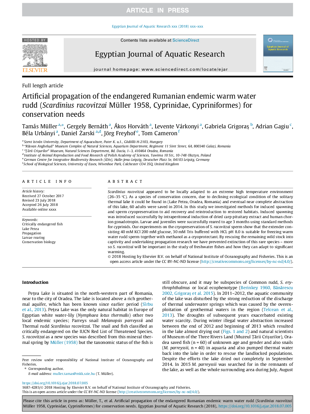 Artificial propagation of the endangered Rumanian endemic warm water rudd (Scardinius racovitzai Müller 1958, Cyprinidae, Cypriniformes) for conservation needs