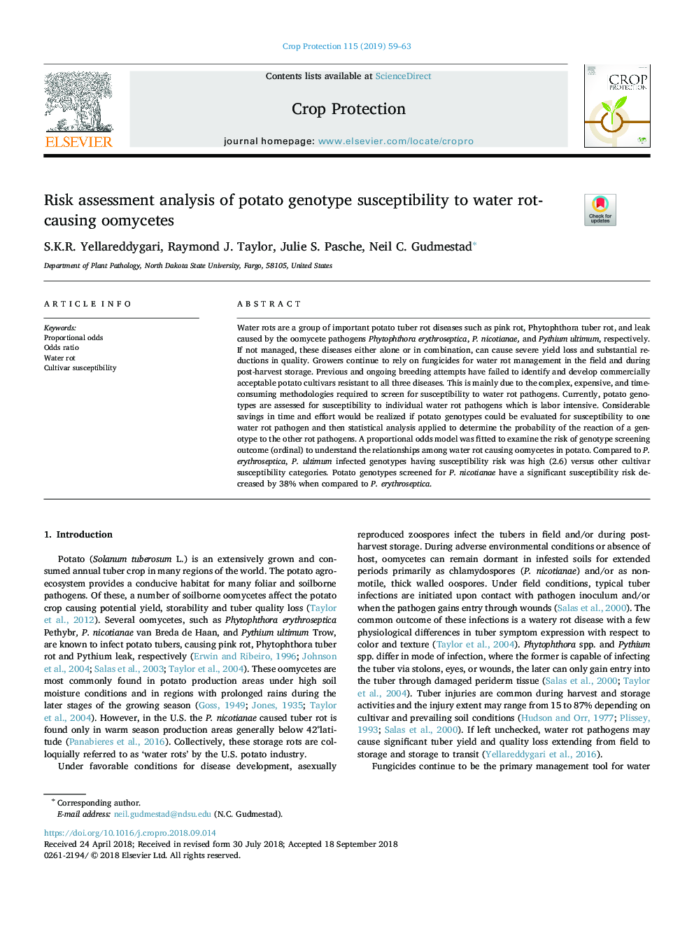 Risk assessment analysis of potato genotype susceptibility to water rot-causing oomycetes