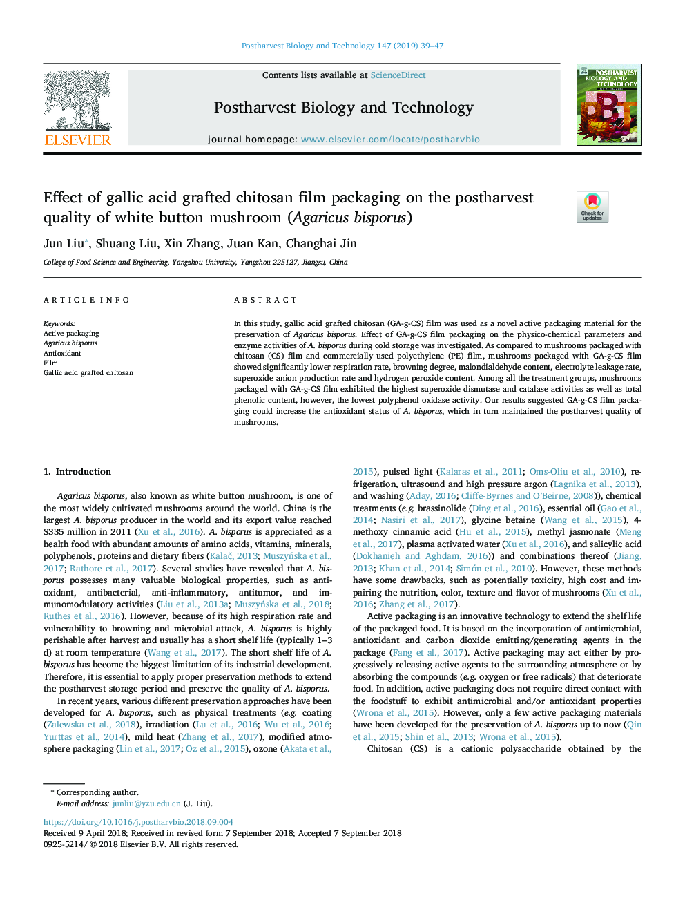 Effect of gallic acid grafted chitosan film packaging on the postharvest quality of white button mushroom (Agaricus bisporus)