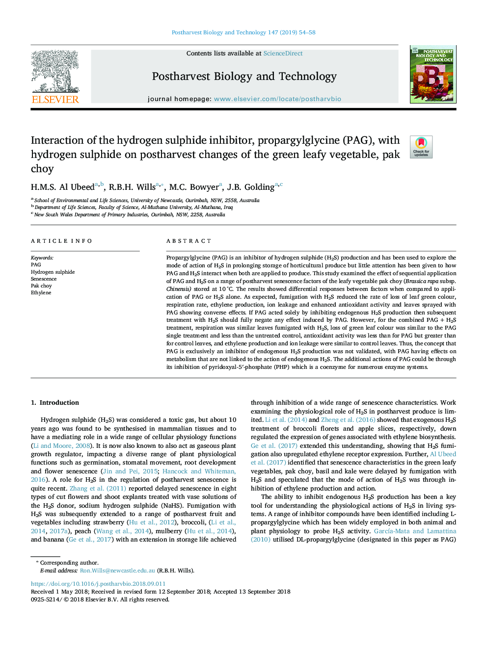 Interaction of the hydrogen sulphide inhibitor, propargylglycine (PAG), with hydrogen sulphide on postharvest changes of the green leafy vegetable, pak choy