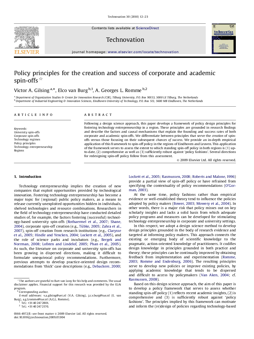 Policy principles for the creation and success of corporate and academic spin-offs 