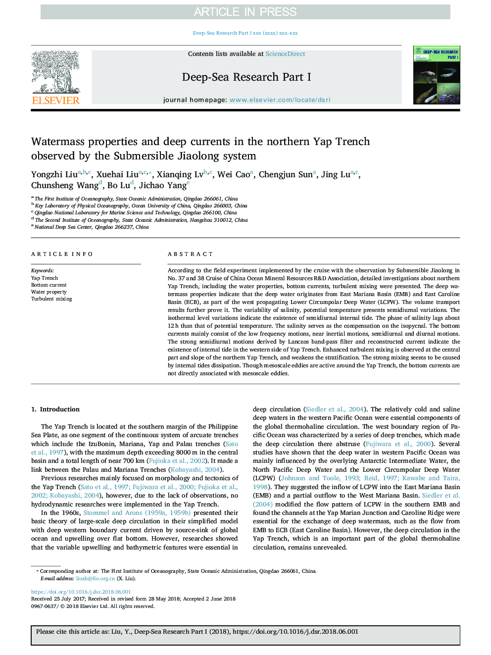 Watermass properties and deep currents in the northern Yap Trench observed by the Submersible Jiaolong system