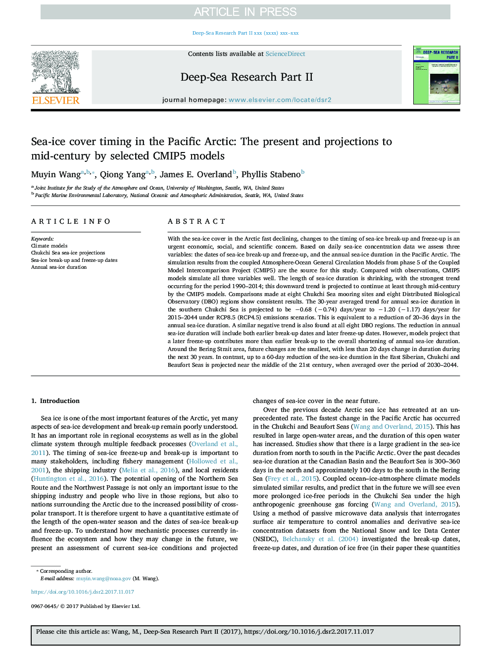 Sea-ice cover timing in the Pacific Arctic: The present and projections to mid-century by selected CMIP5 models