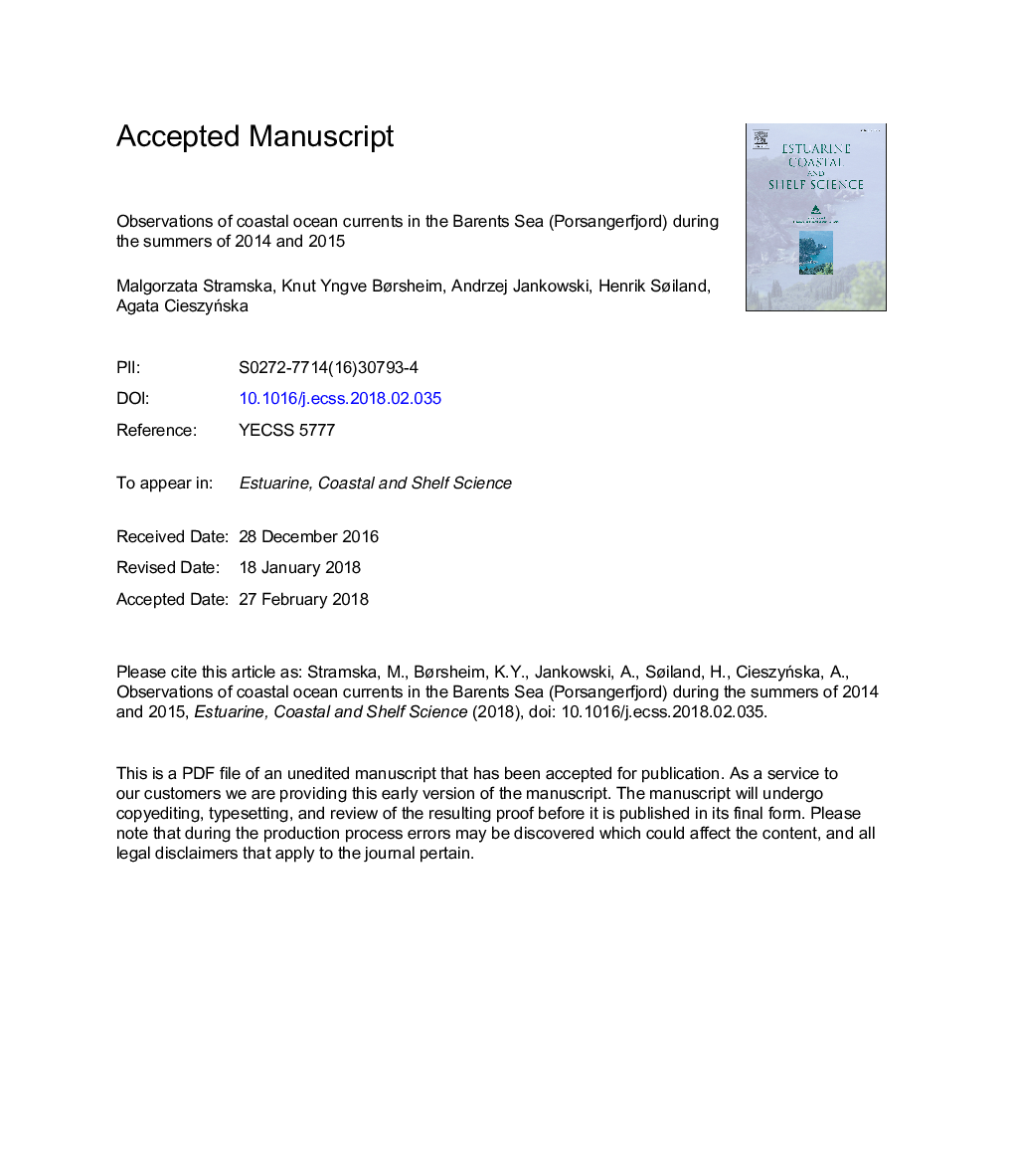 Observations of coastal ocean currents in the Barents Sea (Porsangerfjord) during the summers of 2014 and 2015