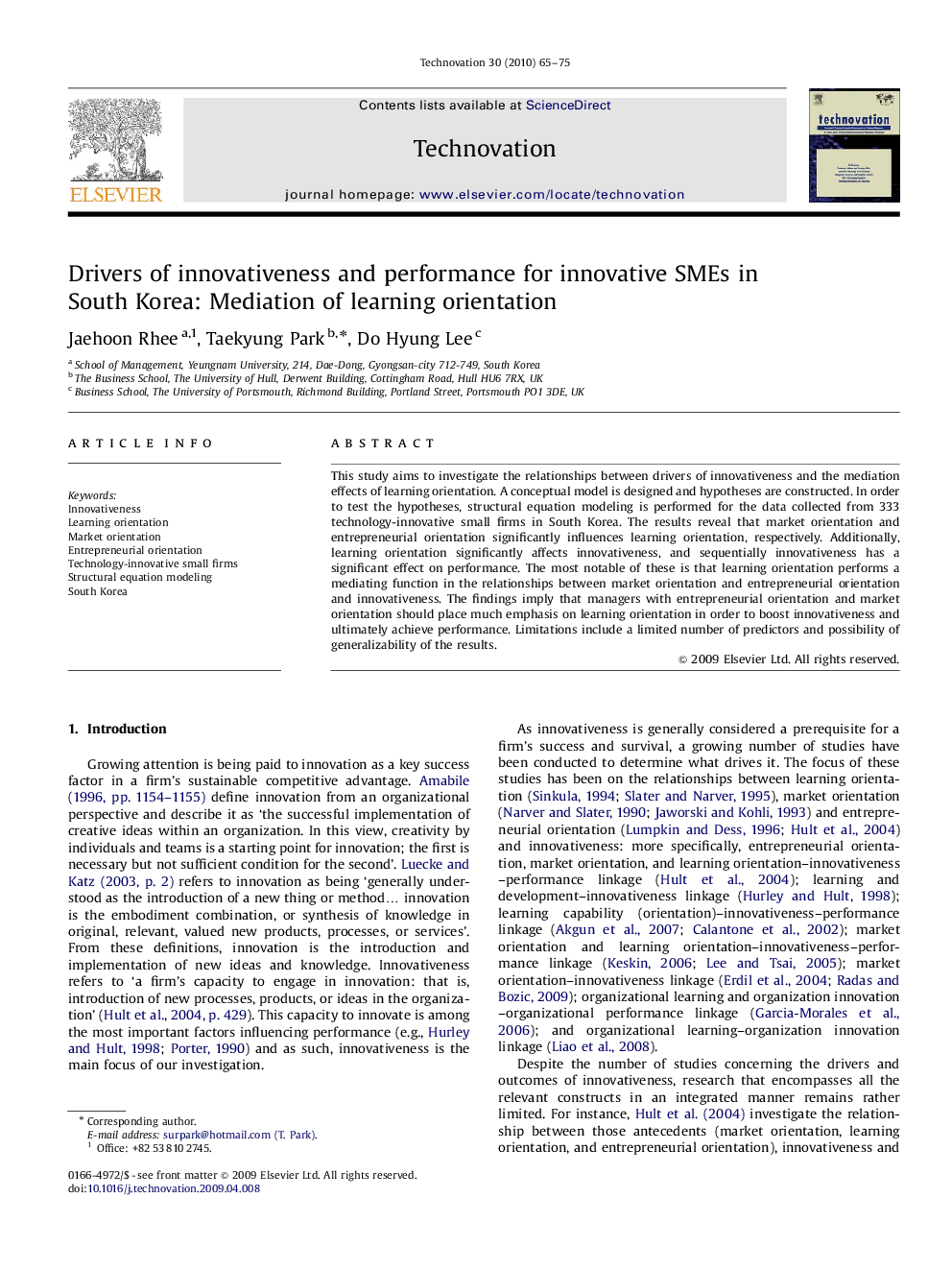 Drivers of innovativeness and performance for innovative SMEs in South Korea: Mediation of learning orientation