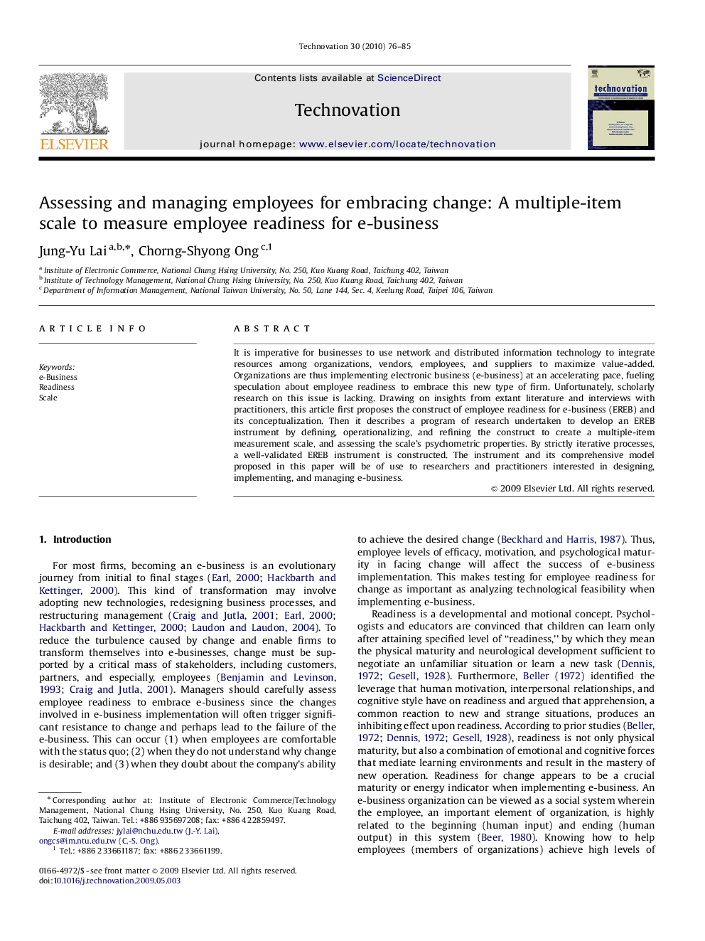 Assessing and managing employees for embracing change: A multiple-item scale to measure employee readiness for e-business