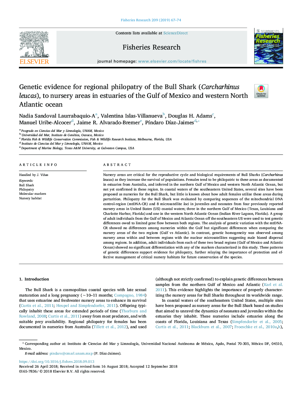 Genetic evidence for regional philopatry of the Bull Shark (Carcharhinus leucas), to nursery areas in estuaries of the Gulf of Mexico and western North Atlantic ocean