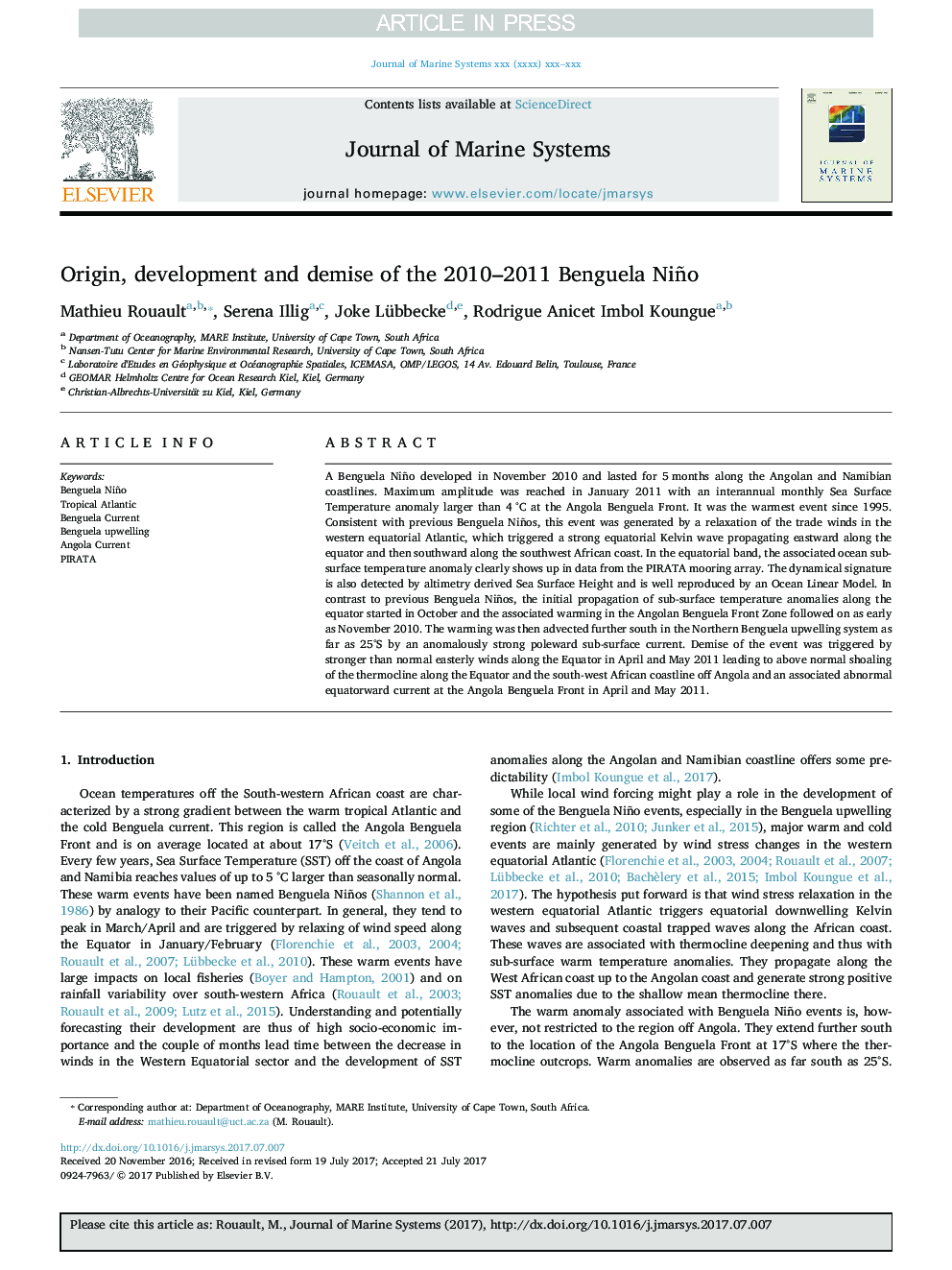 Origin, development and demise of the 2010-2011 Benguela Niño