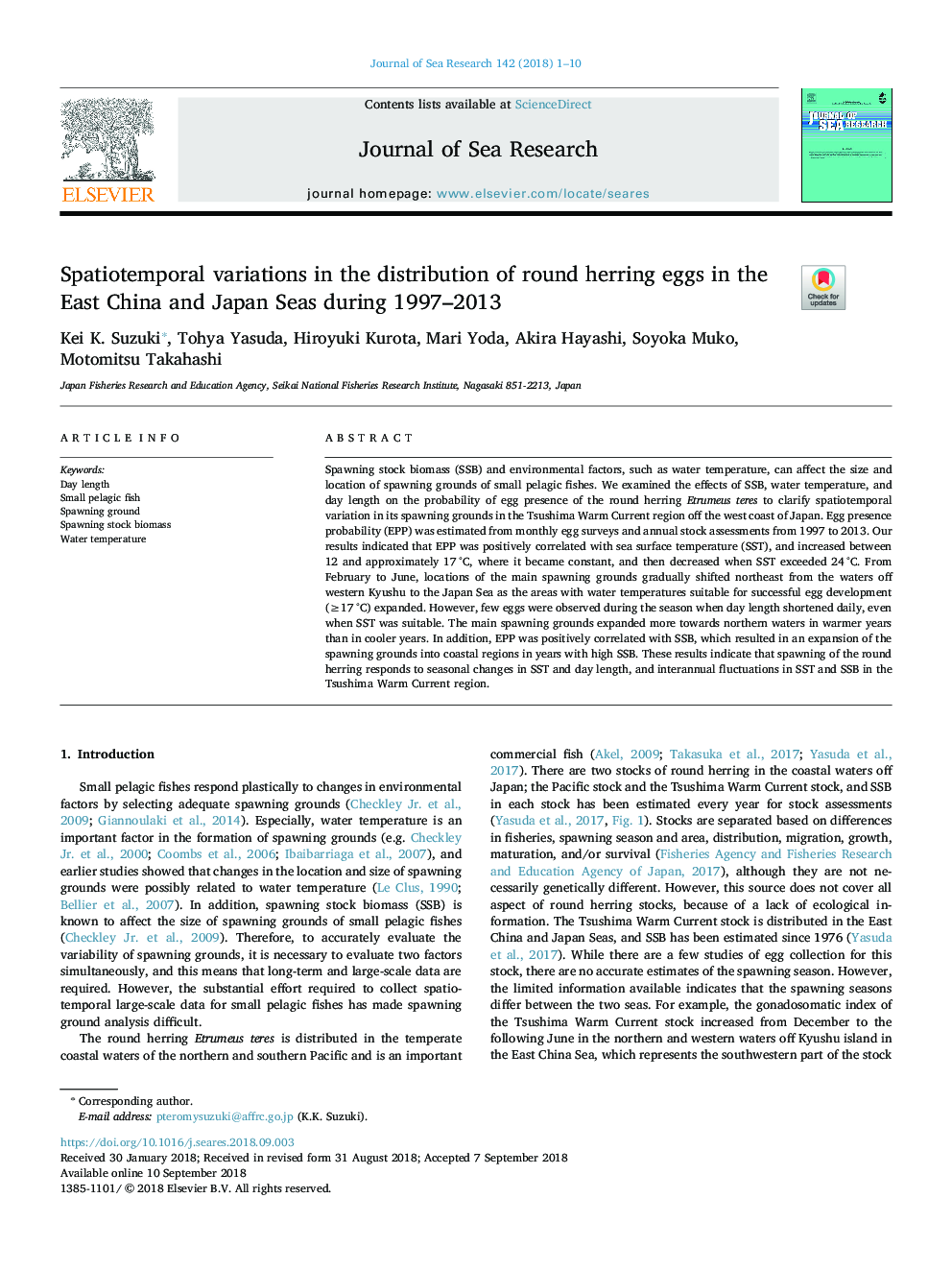 Spatiotemporal variations in the distribution of round herring eggs in the East China and Japan Seas during 1997-2013