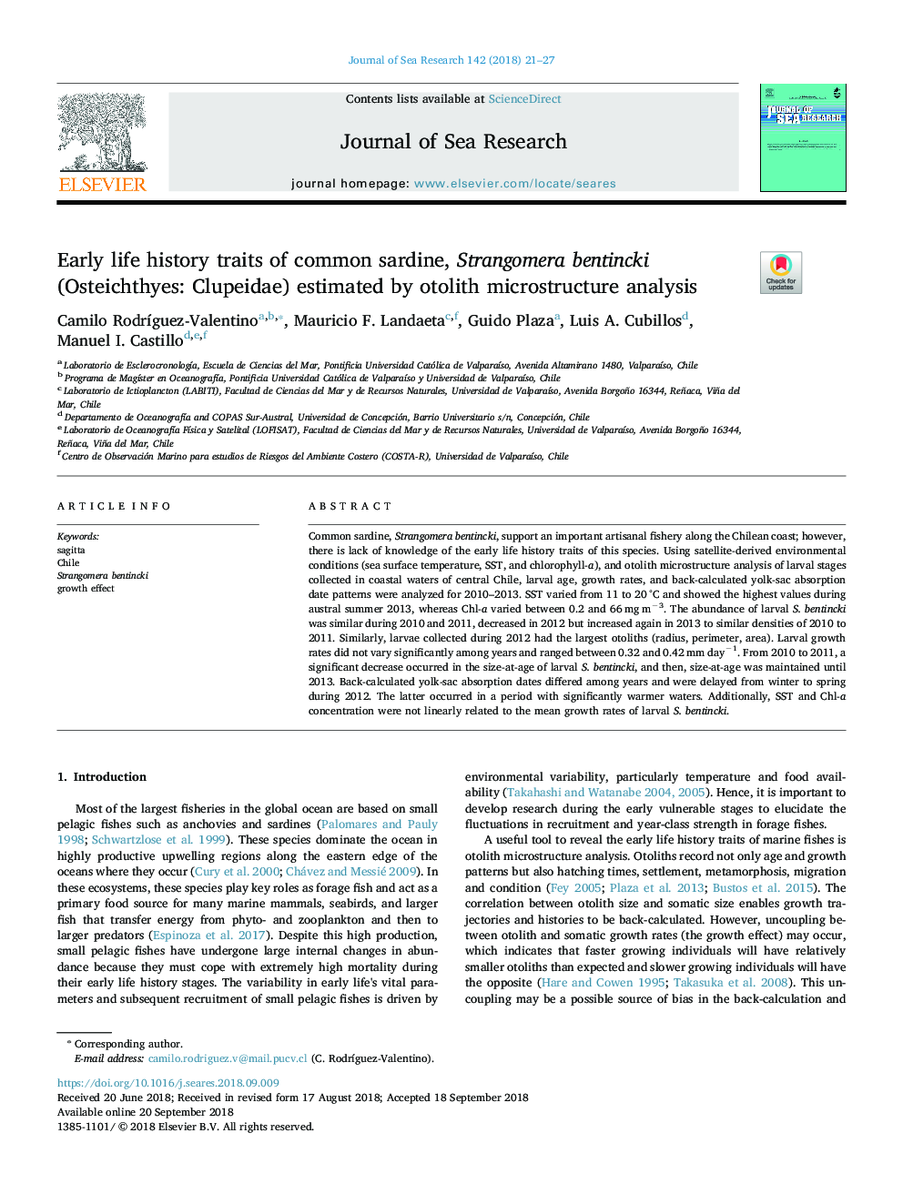 Early life history traits of common sardine, Strangomera bentincki (Osteichthyes: Clupeidae) estimated by otolith microstructure analysis