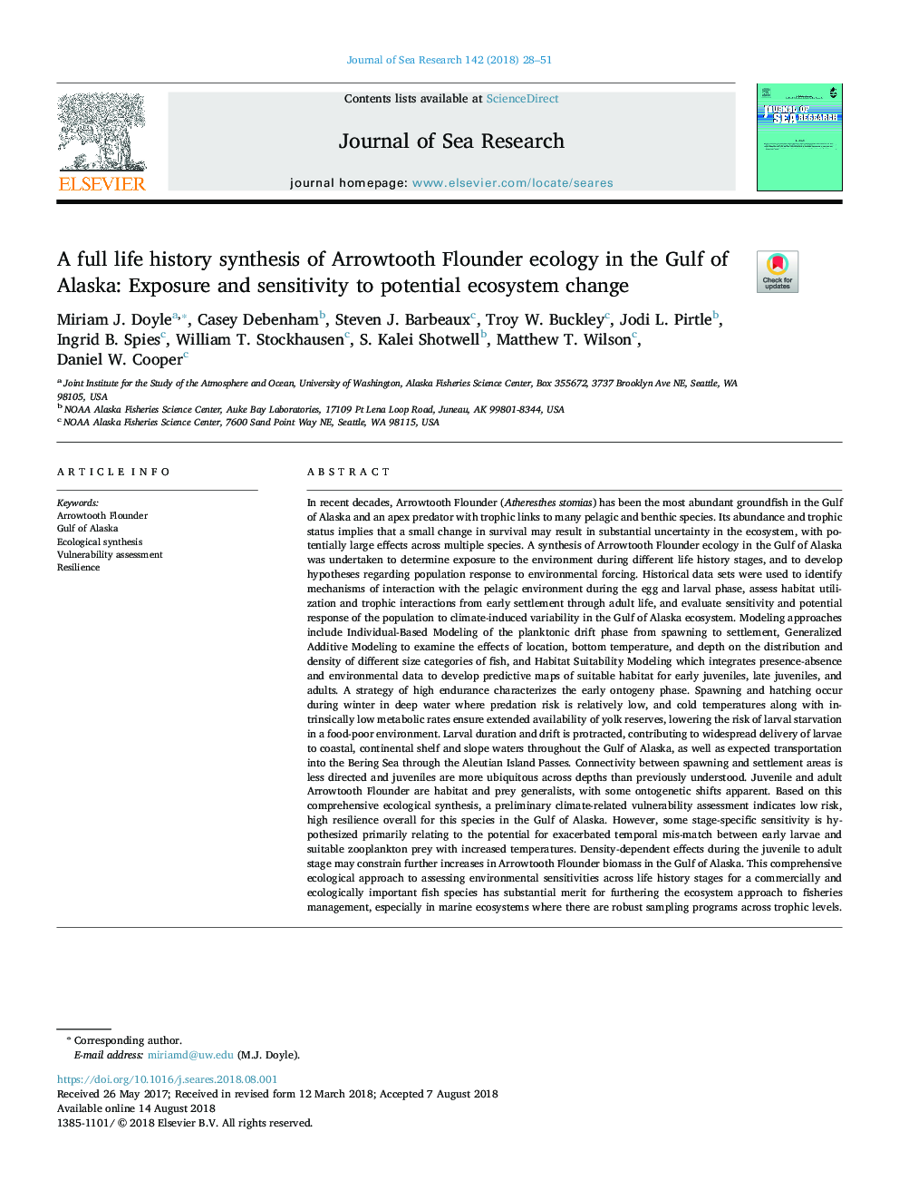 A full life history synthesis of Arrowtooth Flounder ecology in the Gulf of Alaska: Exposure and sensitivity to potential ecosystem change