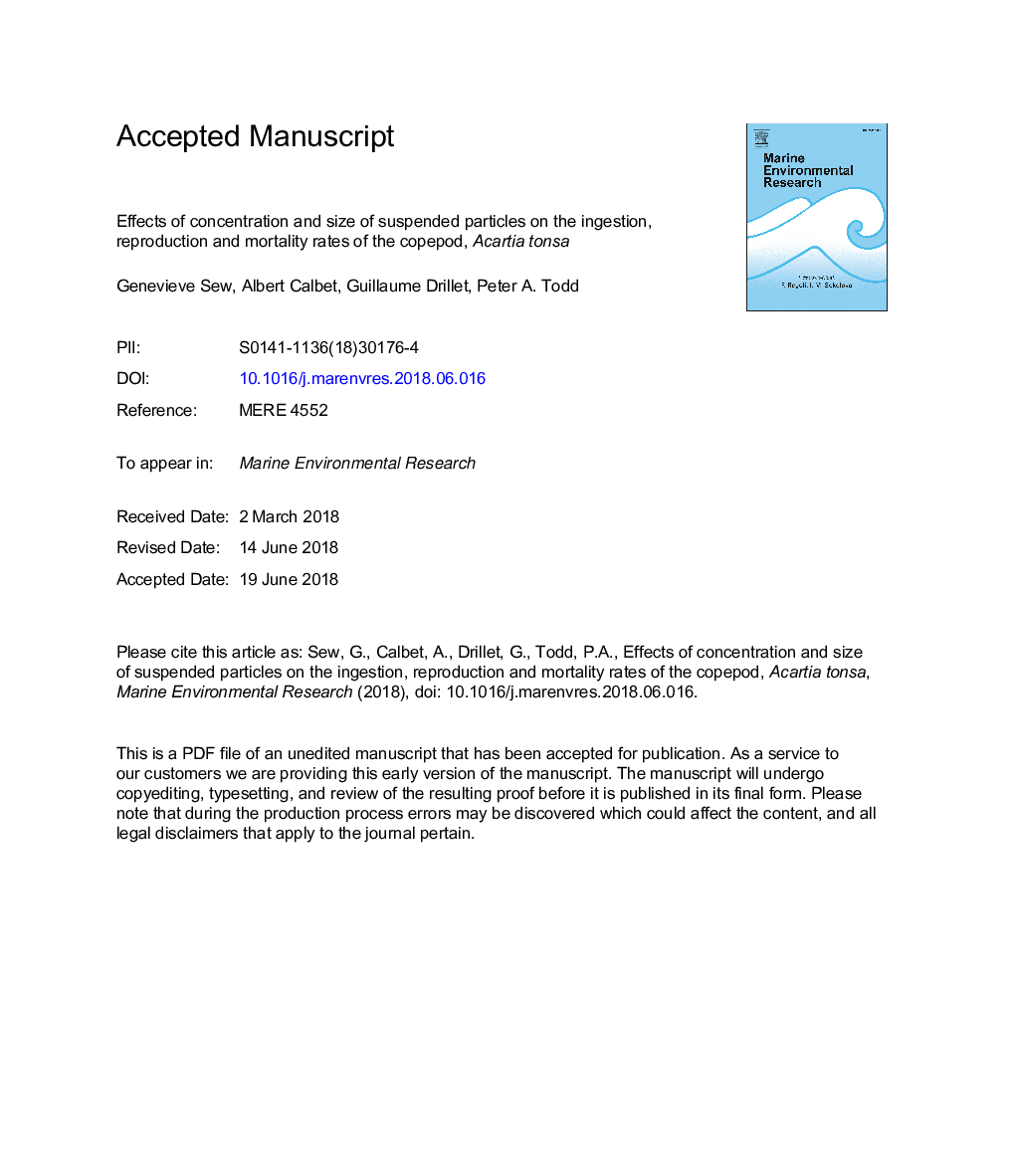 Effects of concentration and size of suspended particles on the ingestion, reproduction and mortality rates of the copepod, Acartia tonsa