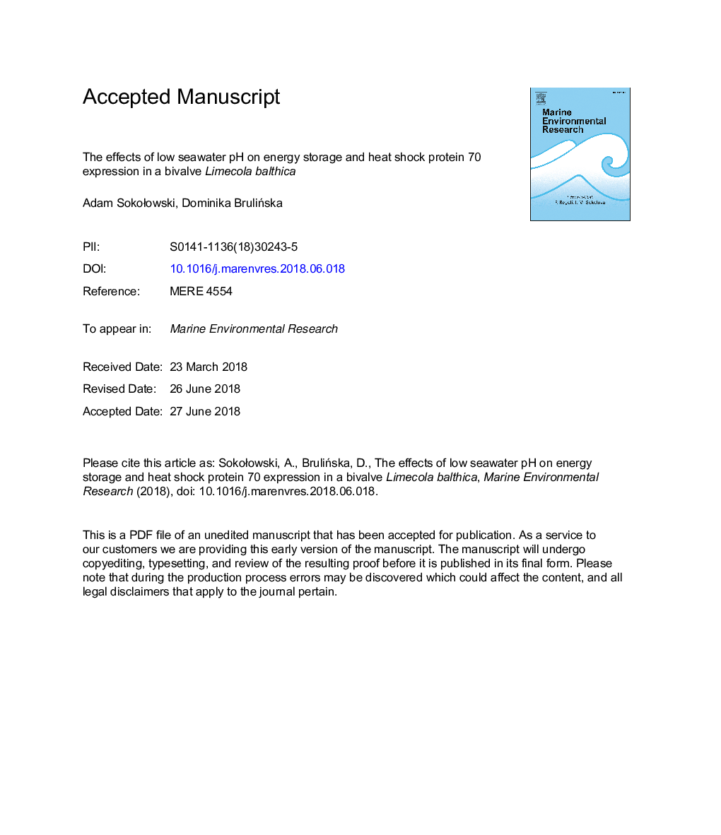 The effects of low seawater pH on energy storage and heat shock protein 70 expression in a bivalve Limecola balthica