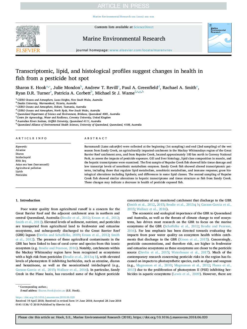 Transcriptomic, lipid, and histological profiles suggest changes in health in fish from a pesticide hot spot