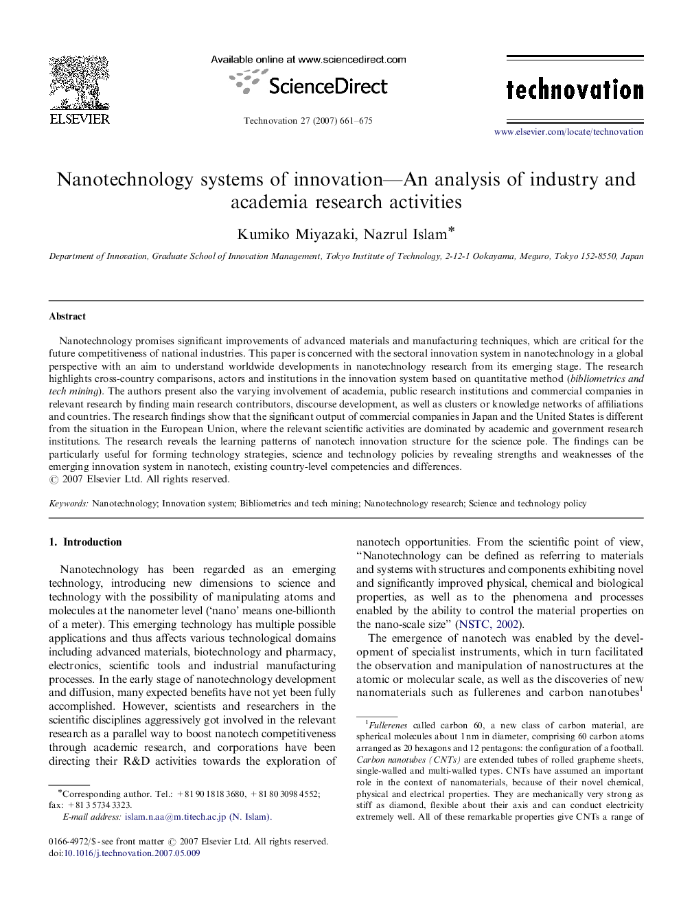 Nanotechnology systems of innovation—An analysis of industry and academia research activities