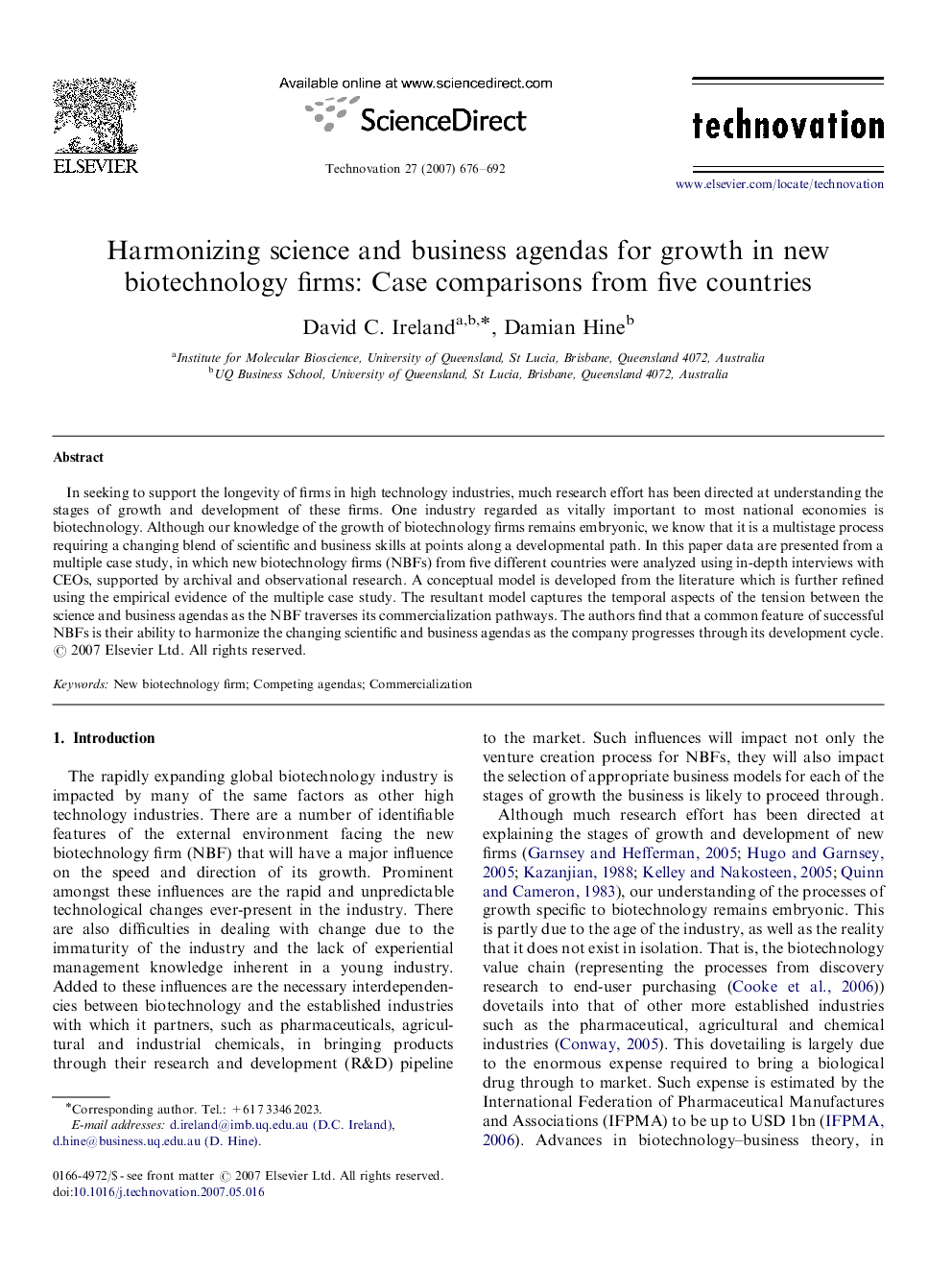 Harmonizing science and business agendas for growth in new biotechnology firms: Case comparisons from five countries