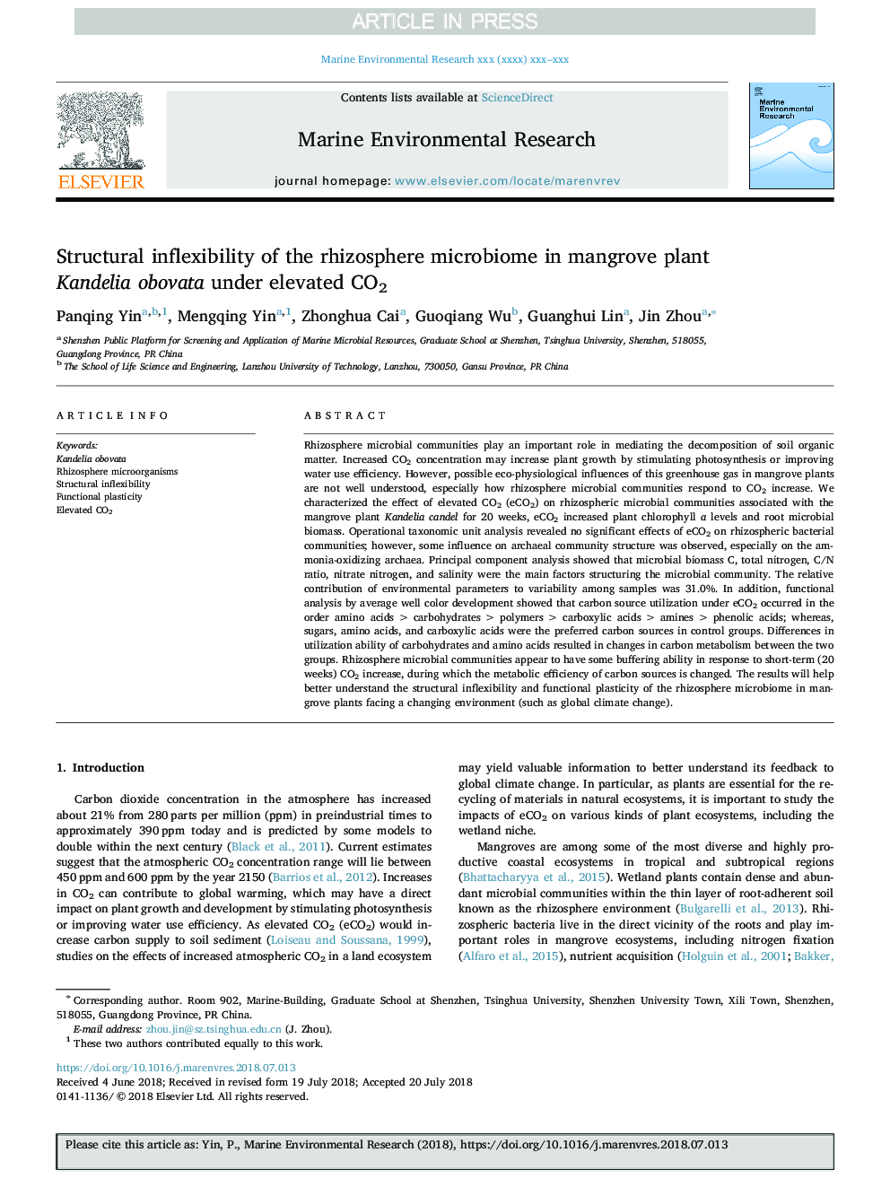 Structural inflexibility of the rhizosphere microbiome in mangrove plant Kandelia obovata under elevated CO2