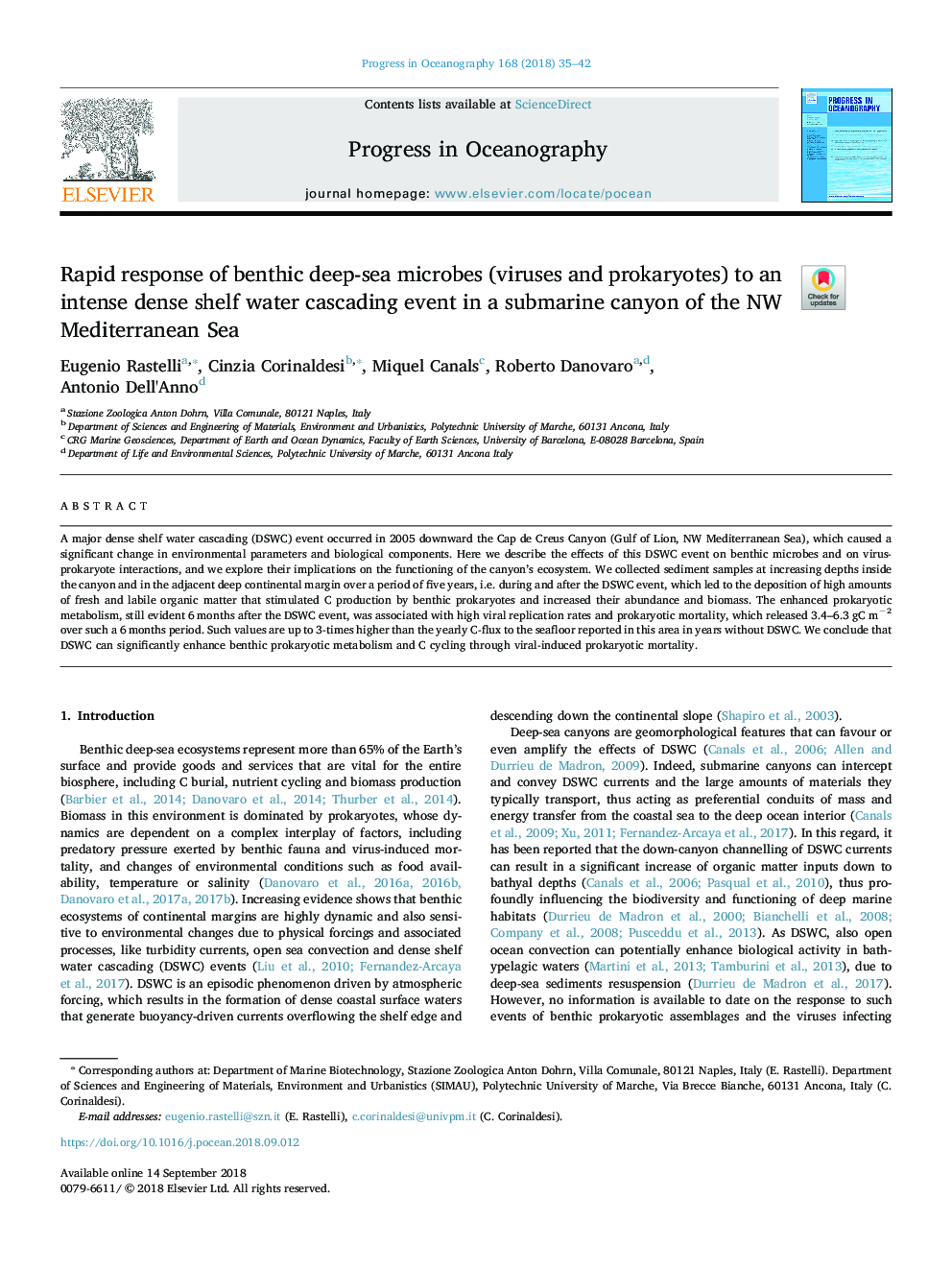 Rapid response of benthic deep-sea microbes (viruses and prokaryotes) to an intense dense shelf water cascading event in a submarine canyon of the NW Mediterranean Sea