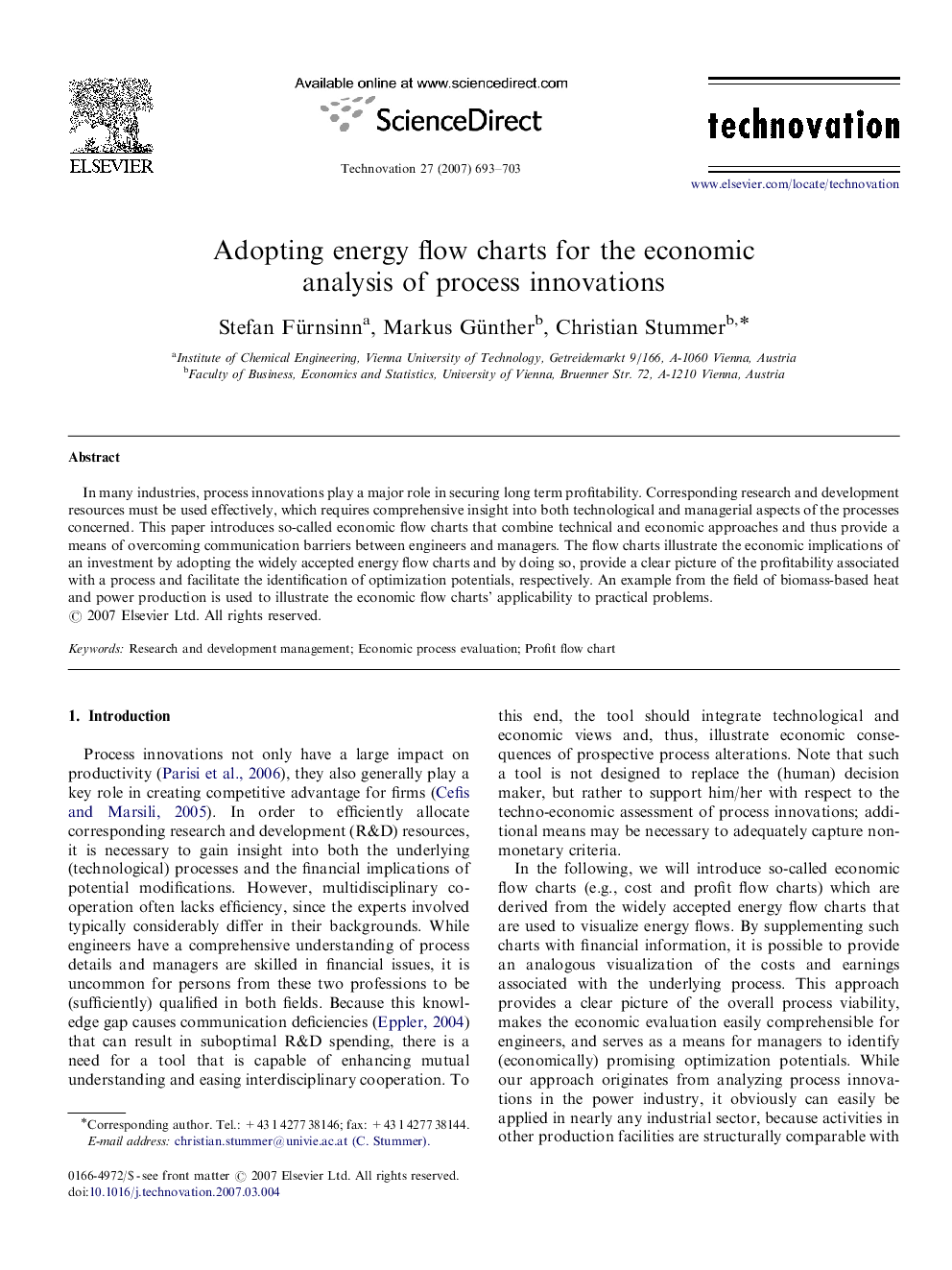 Adopting energy flow charts for the economic analysis of process innovations