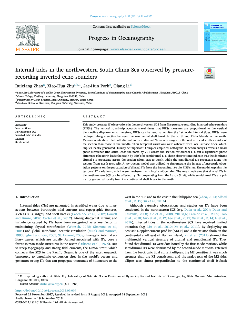 Internal tides in the northwestern South China Sea observed by pressure-recording inverted echo sounders