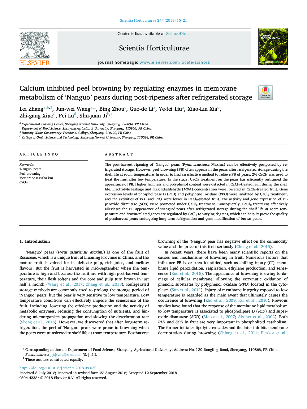 Calcium inhibited peel browning by regulating enzymes in membrane metabolism of 'Nanguo' pears during post-ripeness after refrigerated storage