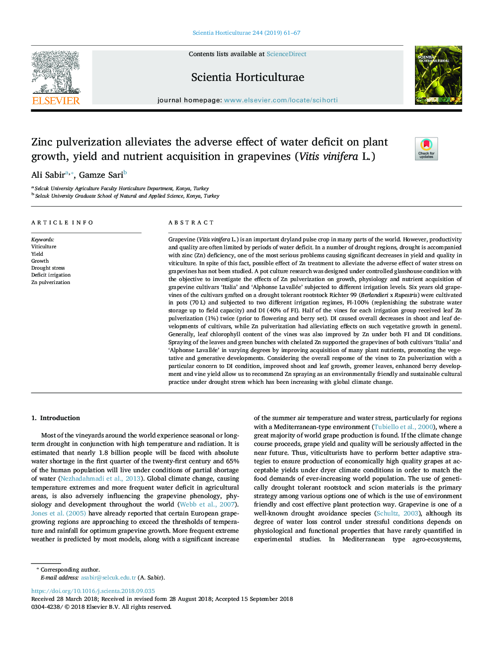 Zinc pulverization alleviates the adverse effect of water deficit on plant growth, yield and nutrient acquisition in grapevines (Vitis vinifera L.)