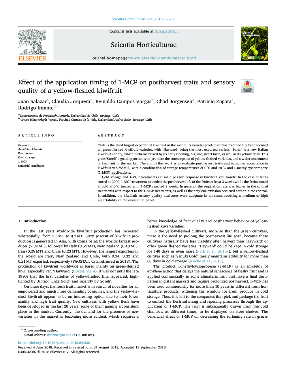 Effect of the application timing of 1-MCP on postharvest traits and sensory quality of a yellow-fleshed kiwifruit