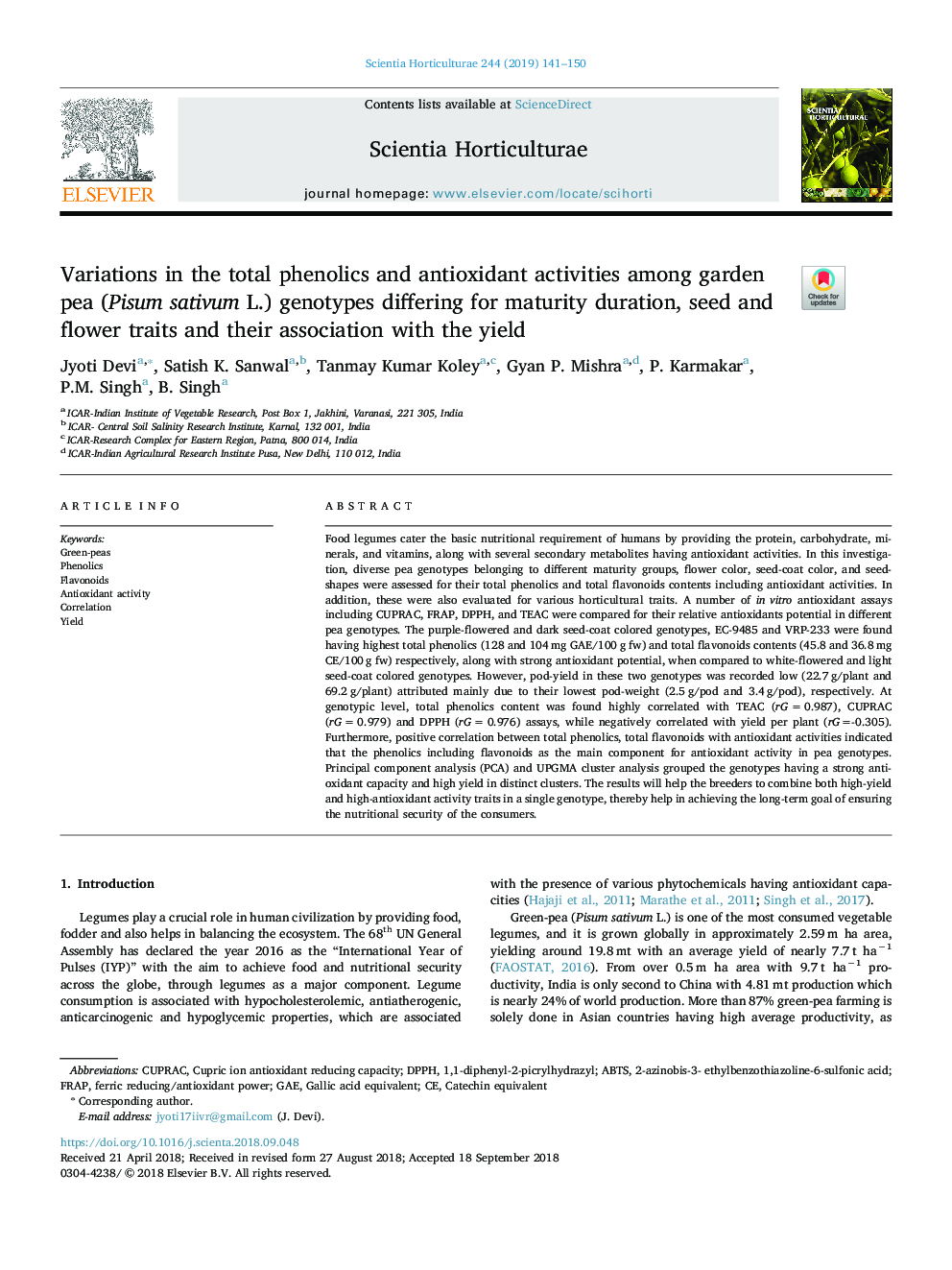 Variations in the total phenolics and antioxidant activities among garden pea (Pisum sativum L.) genotypes differing for maturity duration, seed and flower traits and their association with the yield