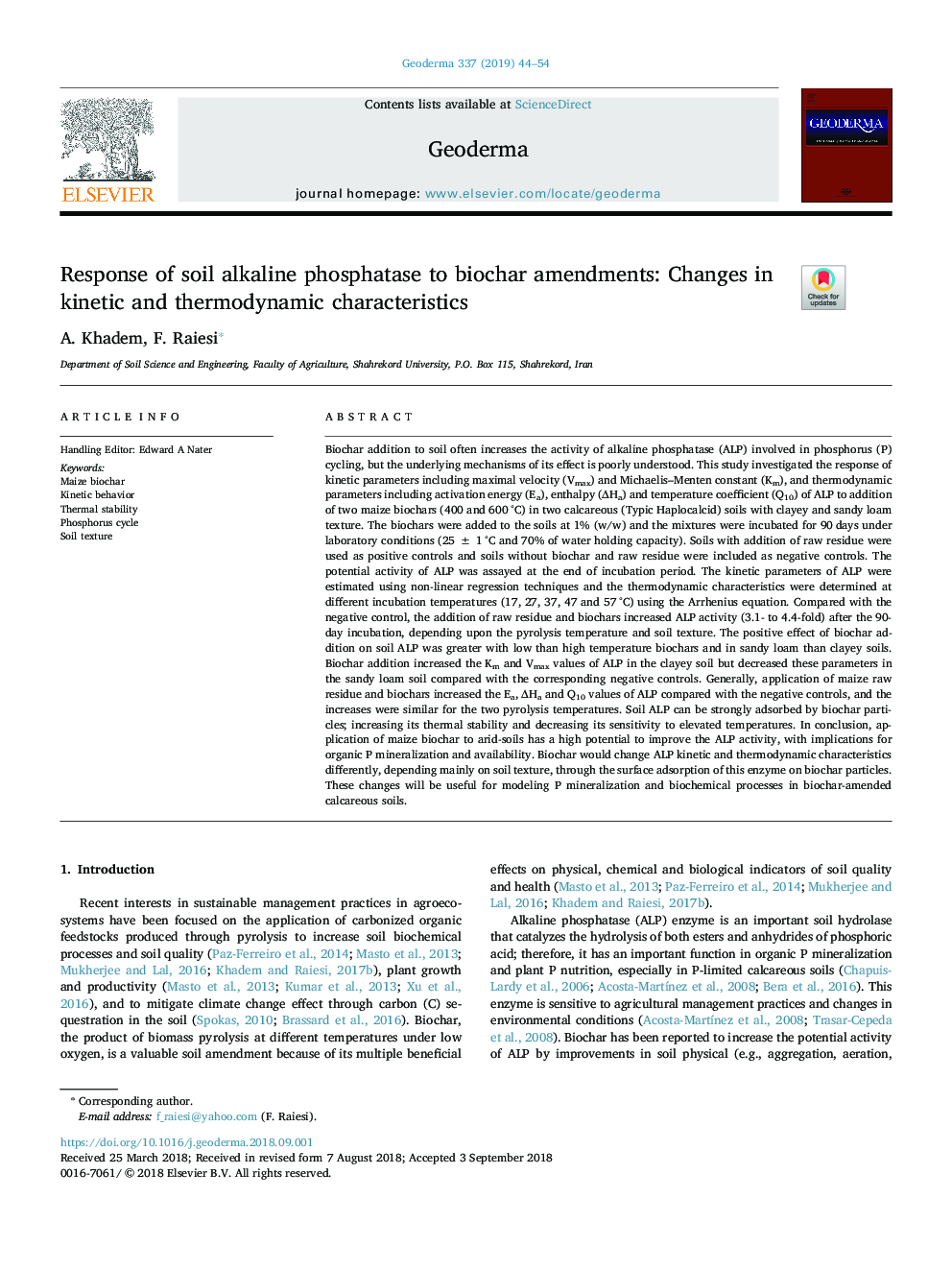 Response of soil alkaline phosphatase to biochar amendments: Changes in kinetic and thermodynamic characteristics