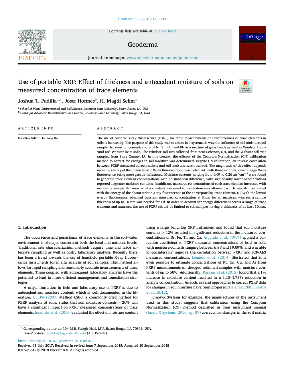 Use of portable XRF: Effect of thickness and antecedent moisture of soils on measured concentration of trace elements