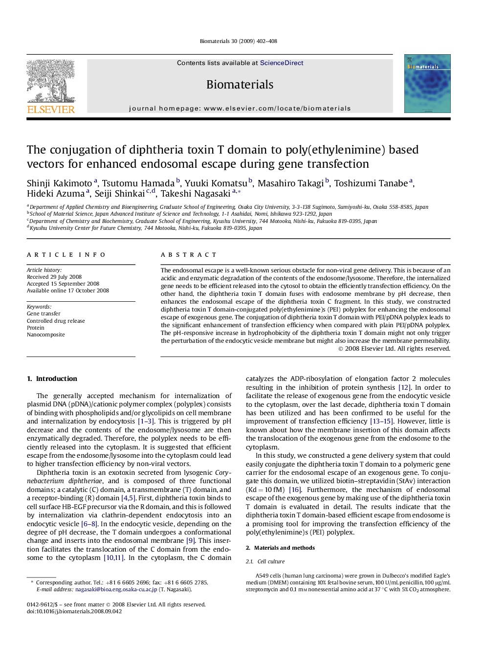 The conjugation of diphtheria toxin T domain to poly(ethylenimine) based vectors for enhanced endosomal escape during gene transfection