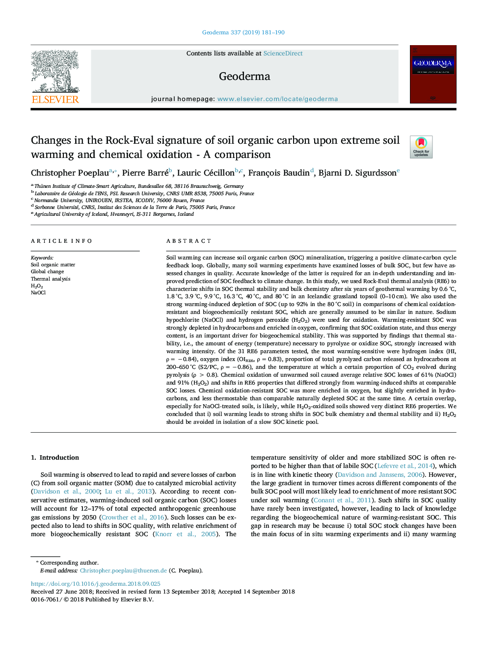 Changes in the Rock-Eval signature of soil organic carbon upon extreme soil warming and chemical oxidation - A comparison