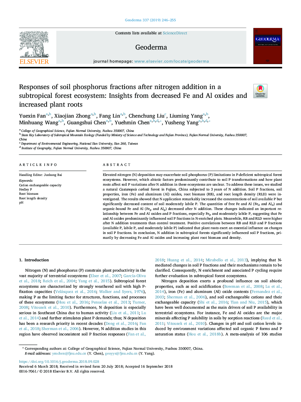 Responses of soil phosphorus fractions after nitrogen addition in a subtropical forest ecosystem: Insights from decreased Fe and Al oxides and increased plant roots