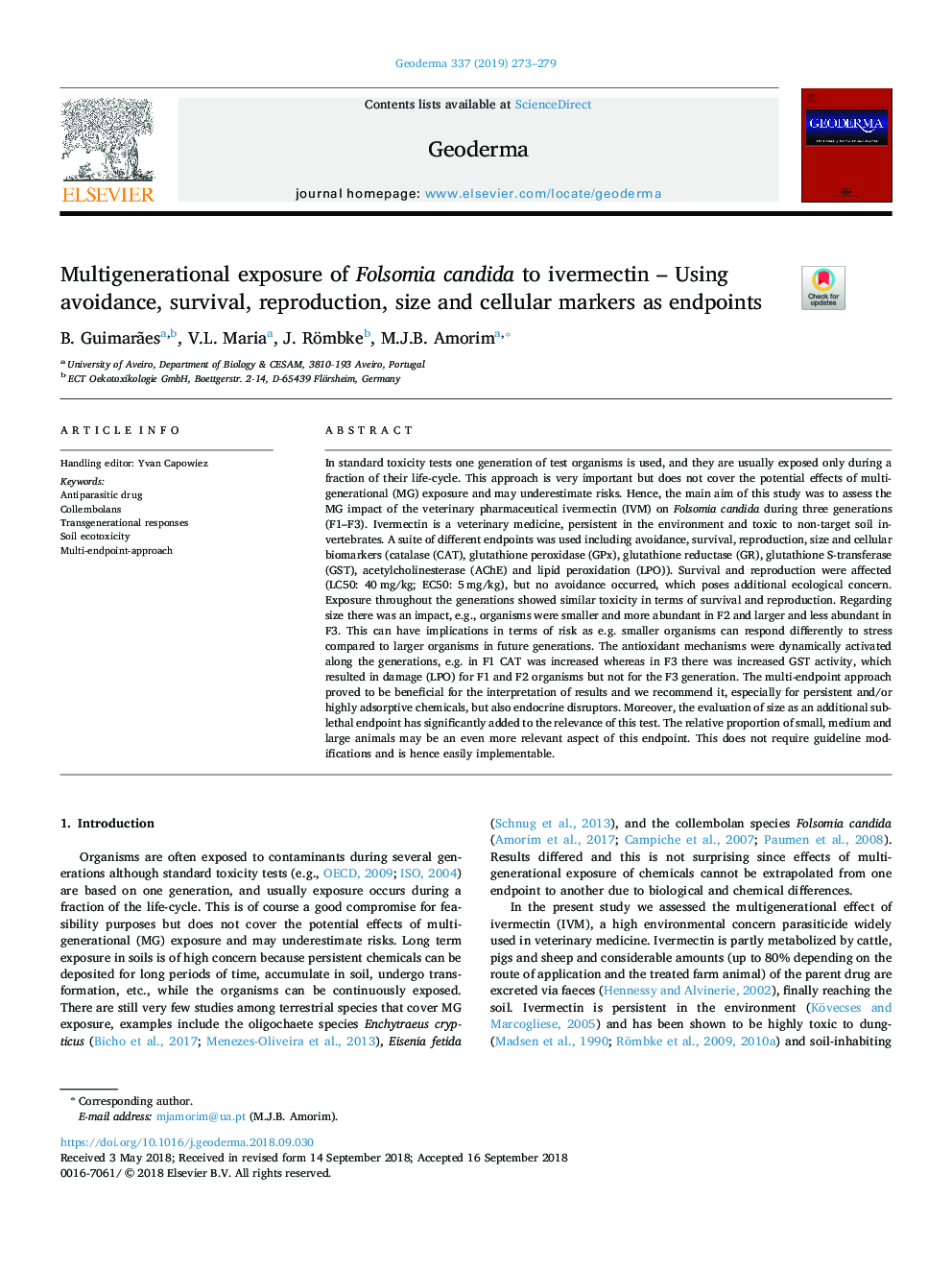 Multigenerational exposure of Folsomia candida to ivermectin - Using avoidance, survival, reproduction, size and cellular markers as endpoints