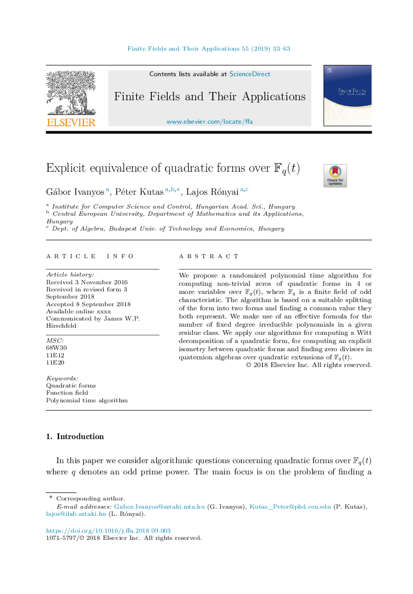 عکس صفحه اول مقاله: Explicit equivalence of quadratic forms over Fq(t) Explicit equivalence of quadratic forms over Fq(t)