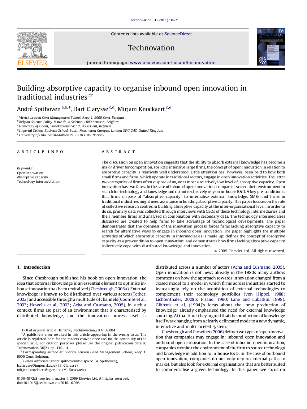 Building absorptive capacity to organise inbound open innovation in traditional industries 