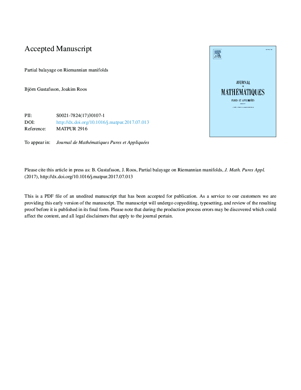 Partial balayage on Riemannian manifolds