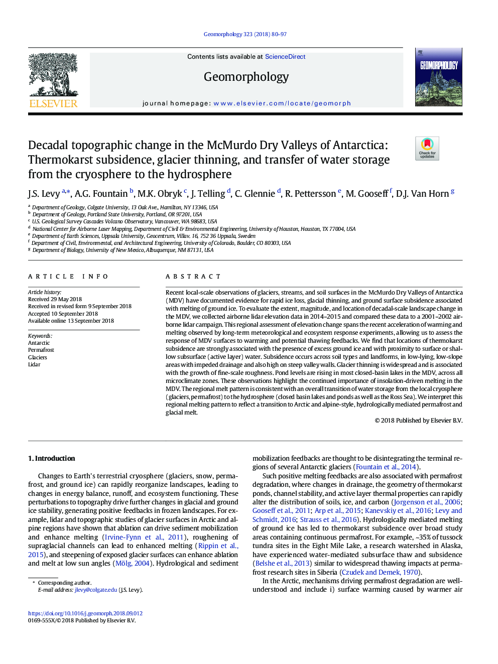 Decadal topographic change in the McMurdo Dry Valleys of Antarctica: Thermokarst subsidence, glacier thinning, and transfer of water storage from the cryosphere to the hydrosphere