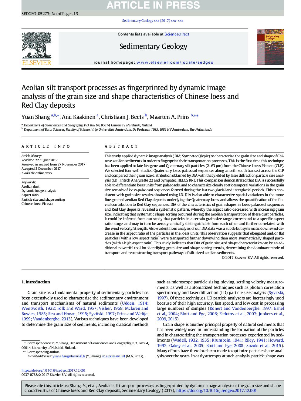 Aeolian silt transport processes as fingerprinted by dynamic image analysis of the grain size and shape characteristics of Chinese loess and Red Clay deposits