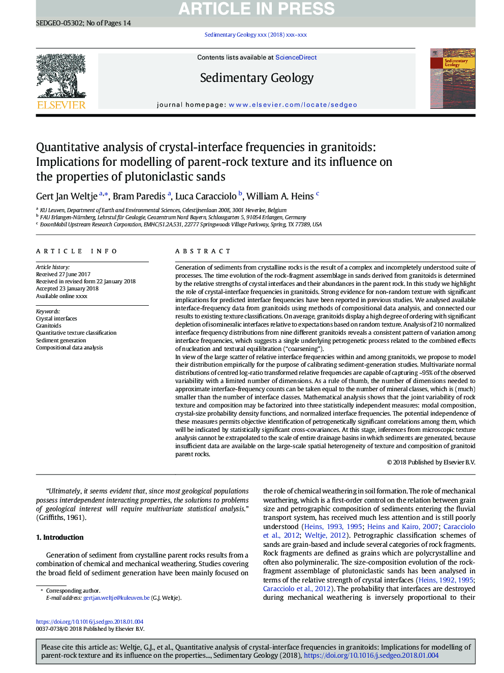 Quantitative analysis of crystal-interface frequencies in granitoids: Implications for modelling of parent-rock texture and its influence on the properties of plutoniclastic sands