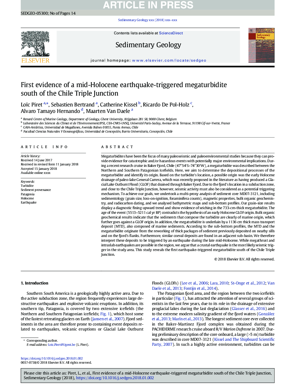 First evidence of a mid-Holocene earthquake-triggered megaturbidite south of the Chile Triple Junction