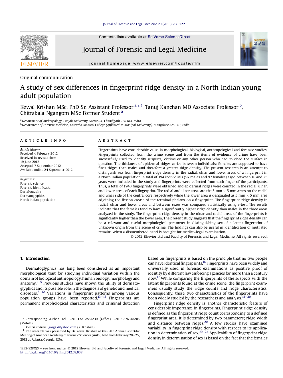 A study of sex differences in fingerprint ridge density in a North Indian young adult population