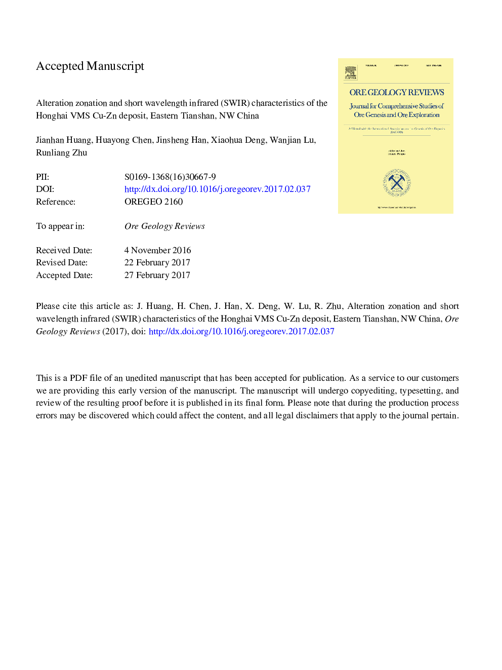 Alteration zonation and short wavelength infrared (SWIR) characteristics of the Honghai VMS Cu-Zn deposit, Eastern Tianshan, NW China