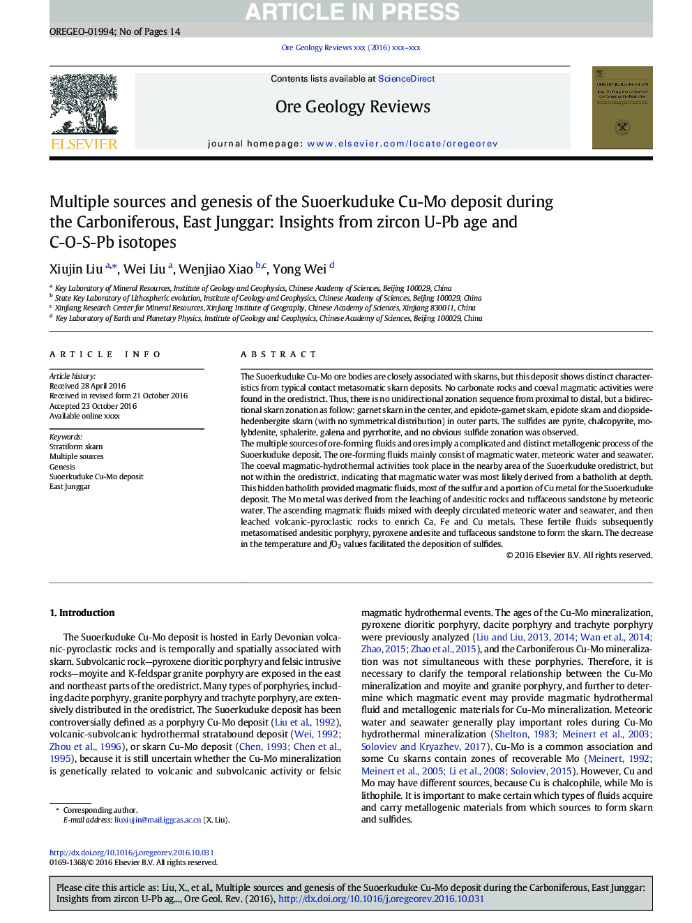 Multiple sources and genesis of the Suoerkuduke Cu-Mo deposit during the Carboniferous, East Junggar: Insights from zircon U-Pb age and C-O-S-Pb isotopes