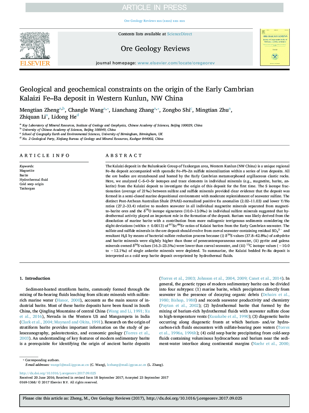 Geological and geochemical constraints on the origin of the Early Cambrian Kalaizi Fe-Ba deposit in Western Kunlun, NW China